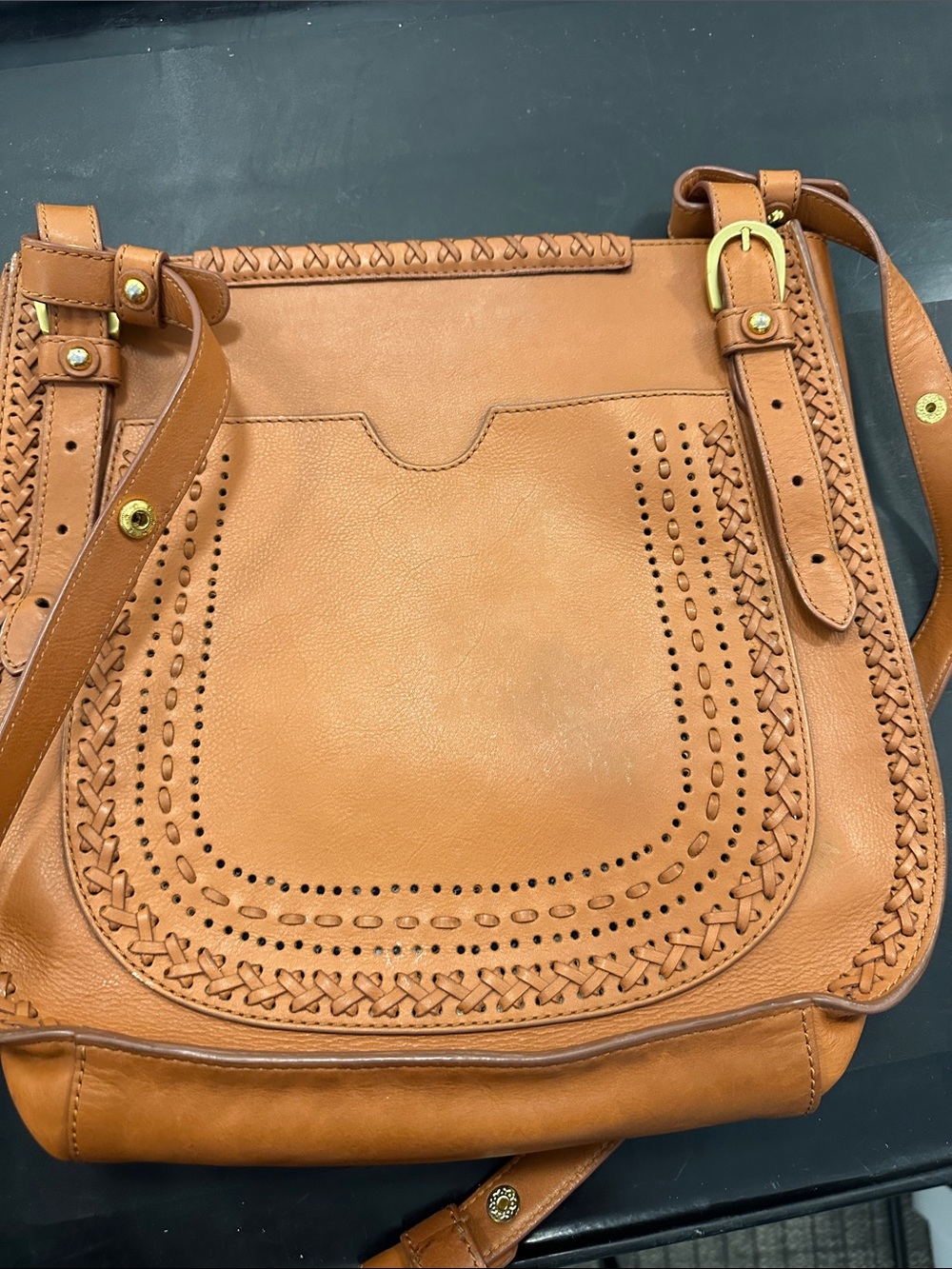Tan Leather Shoulder Bag with Woven Detail